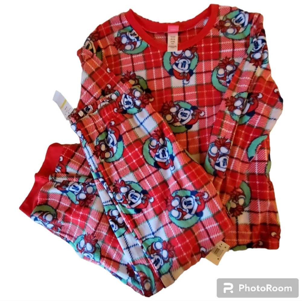 Disney mickey wreath flannel pajama set womens medium red - Picture 2 of 7